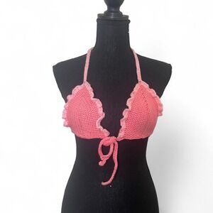 handmade Pink crochet bikini top with tie front and neck